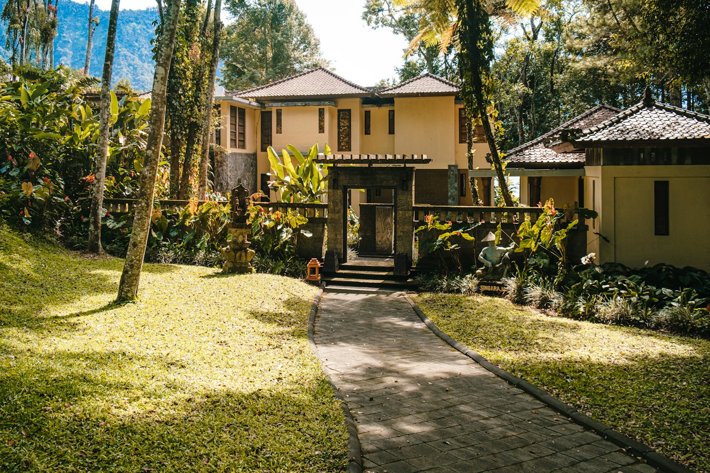 Un camino pavimentado atraviesa un jardín tropical hacia un edificio.